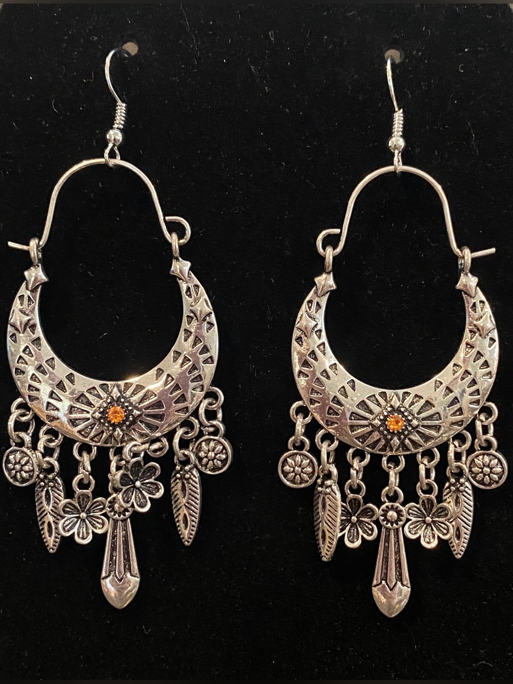 Silver-Tone Boho Dangle Earrings with Amber Accent. NWOT